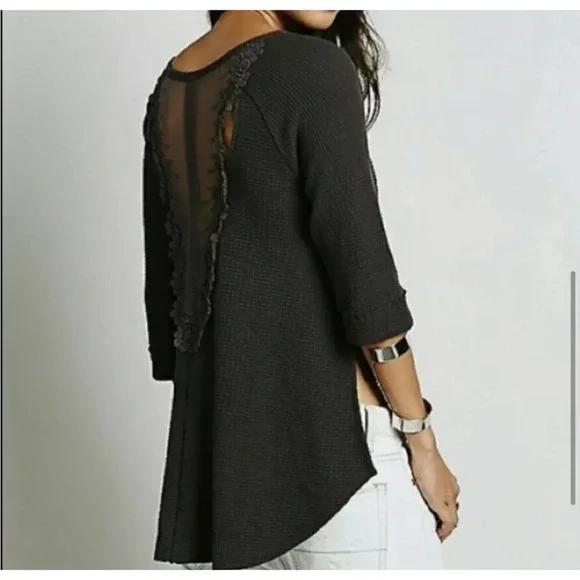 FREE PEOPLE Bon Bon Lace Back Waffle Knit Thermal Top Size Medium - Picture 1 of 7
